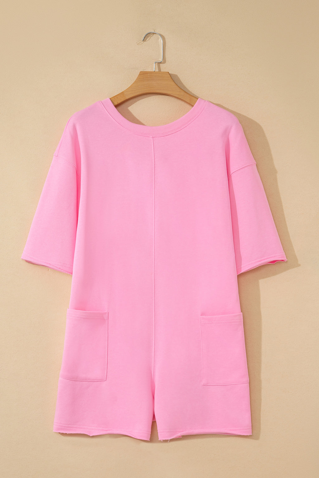 Fiery Red Solid Color Raw Edge Half Sleeve Pocketed Loose Romper