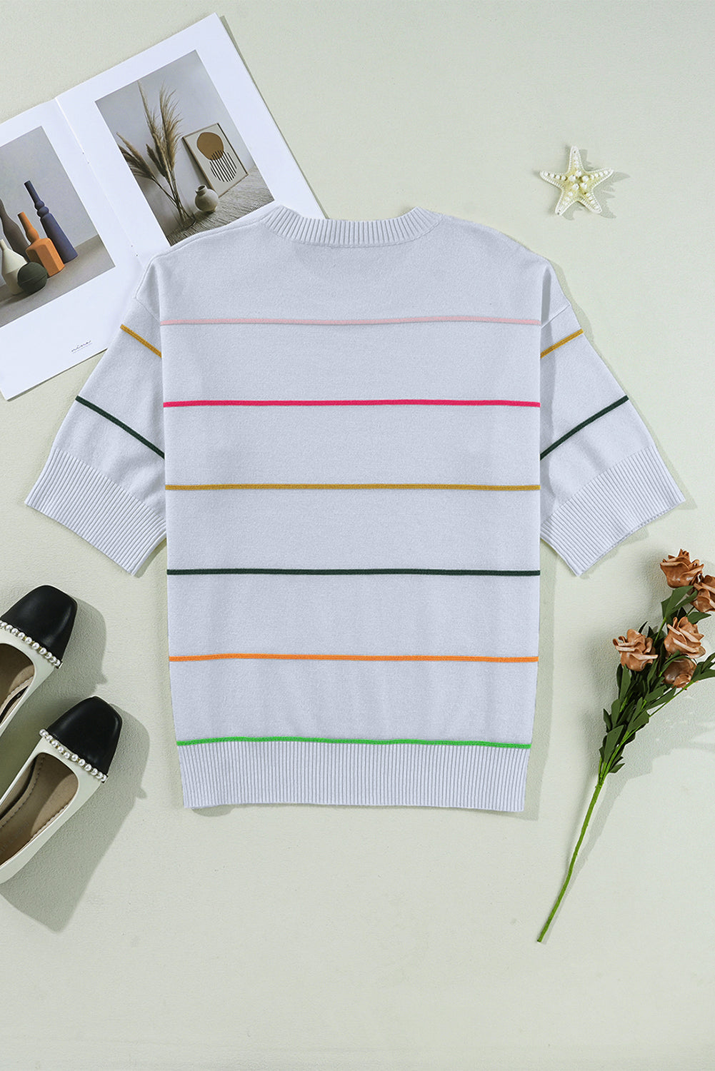 Striped Half Sleeve Drop Shoulder Sweater