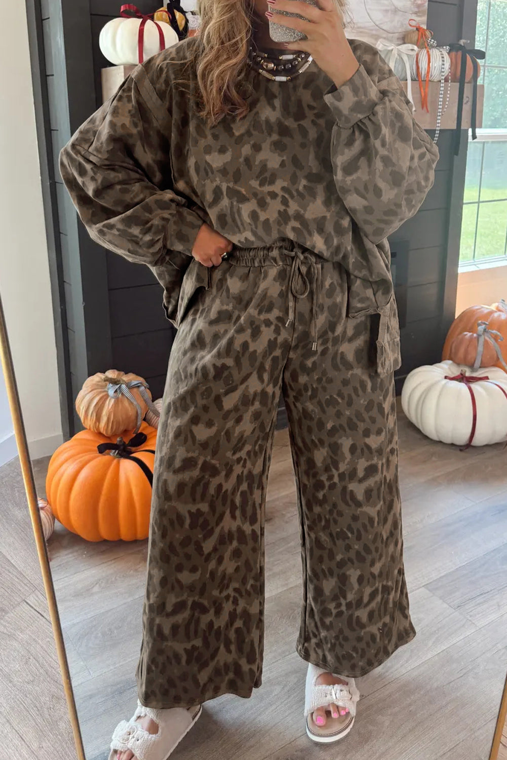 Leopard Print Pullover Drawstring Loose Pants Set