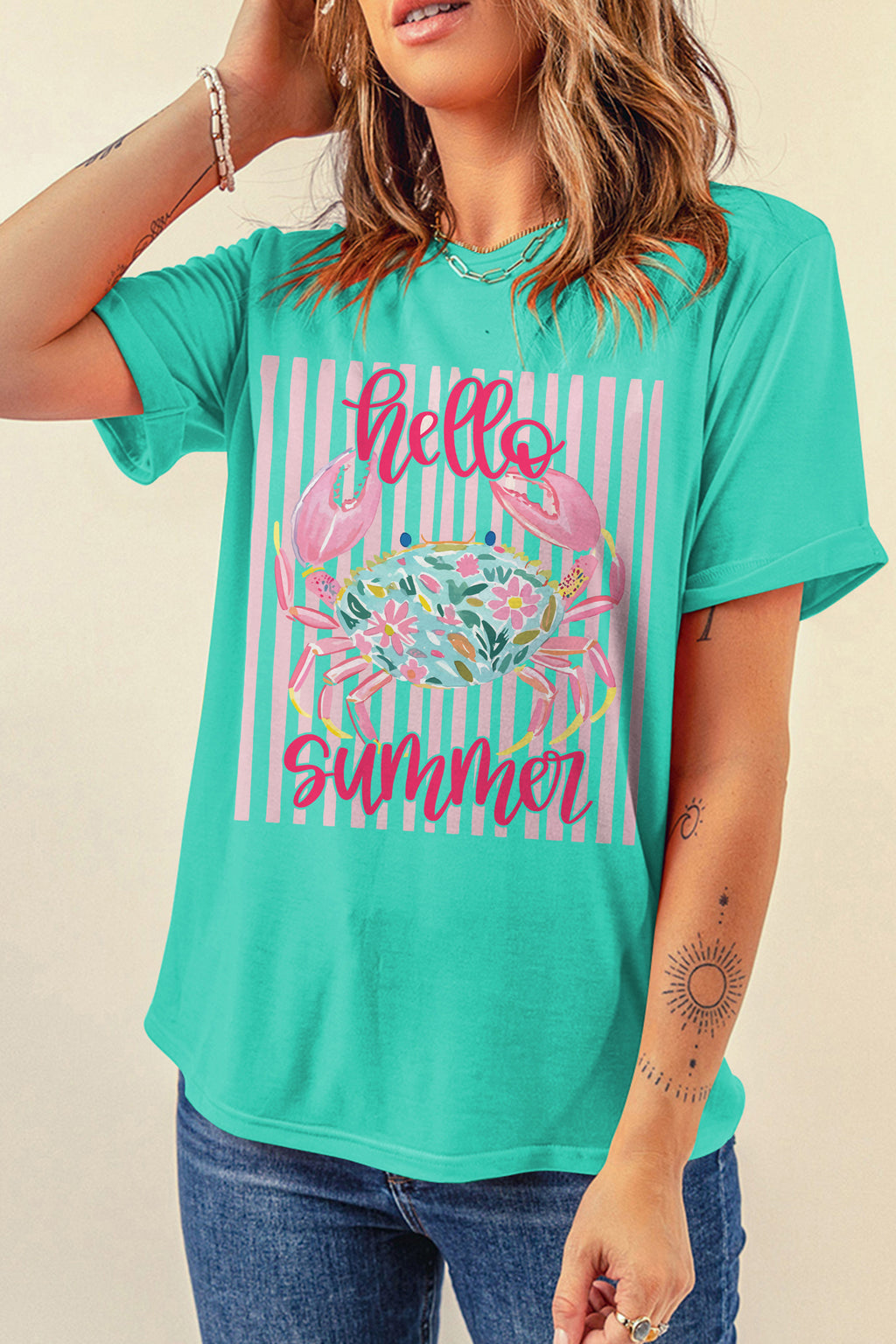 Hello Summer Crab Print Loose Fit Short Sleeve T-Shirt
