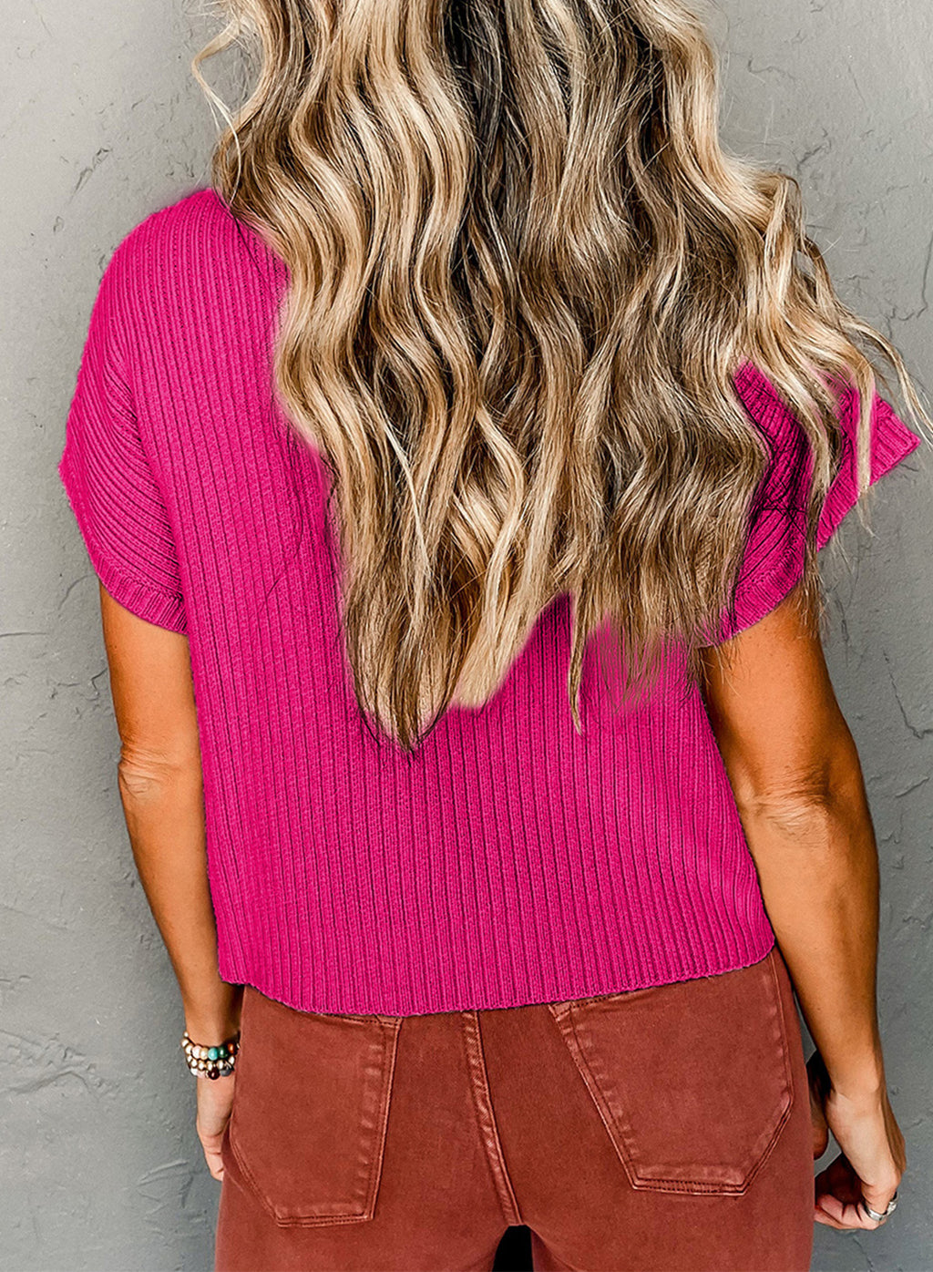 Gray Patch Pocket Ribbed Knit Short Sleeve Sweater