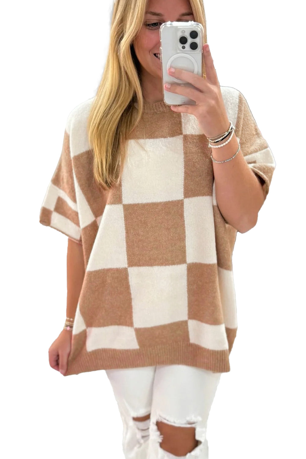 Checkered Pattern Loose Short Sleeve Sweater