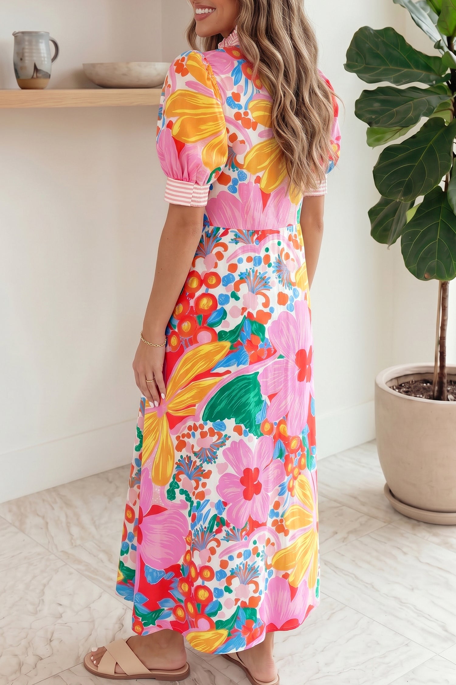 Floral Print Button Down Short Sleeve Dress
