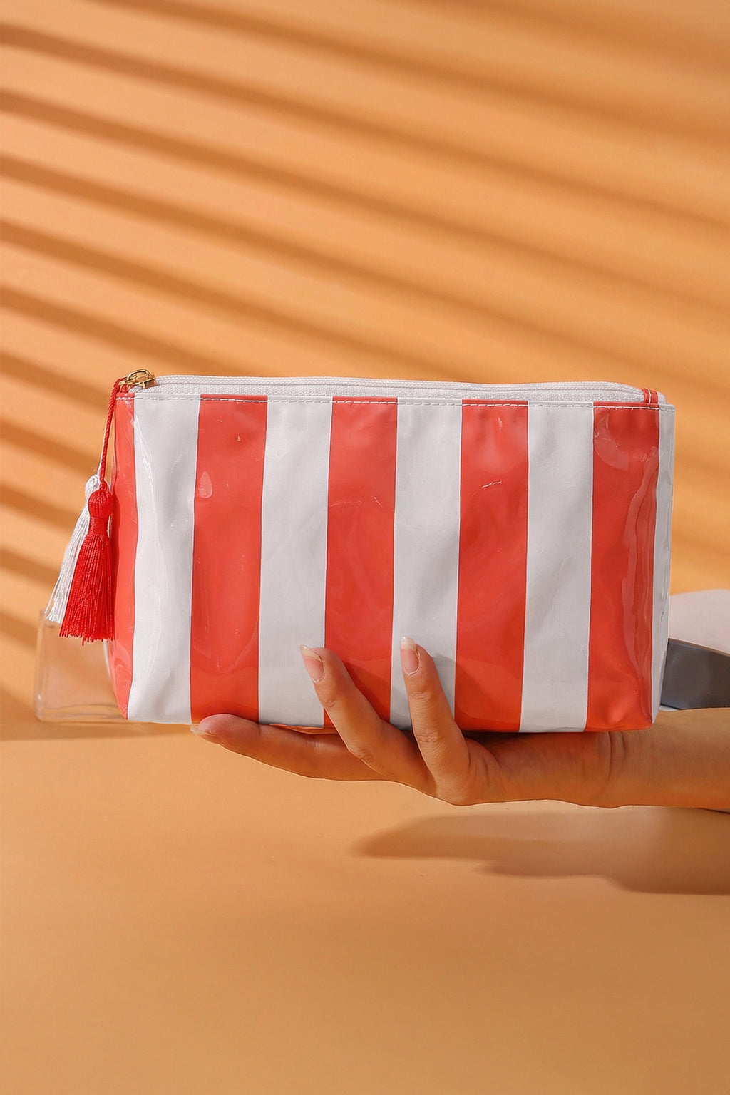Checkered Vinyl Waterproof Tassel Makeup Bag