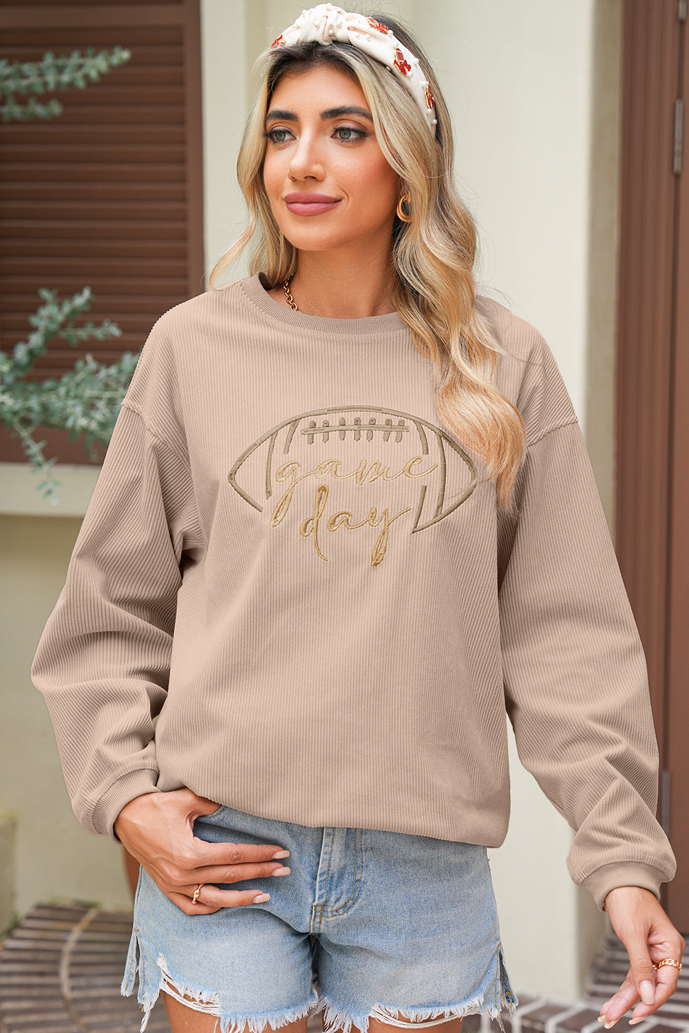 Game Day Embroidered Corded Sweatshirt