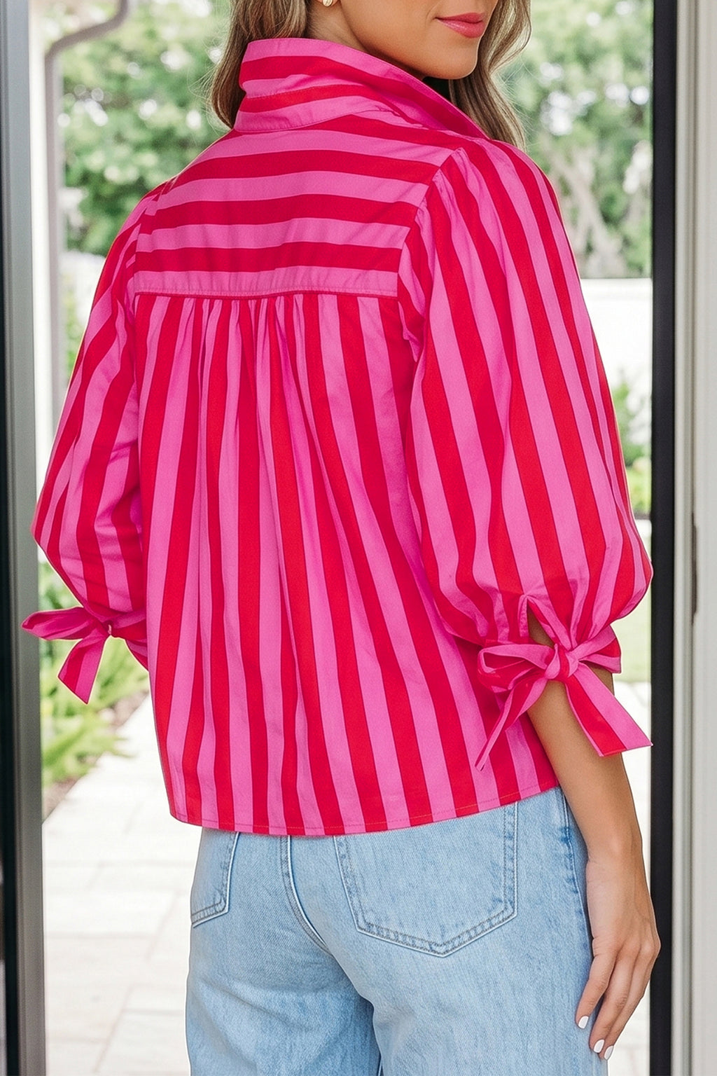 Stripe Tie Puff Sleeve Womens Button Down Shirt