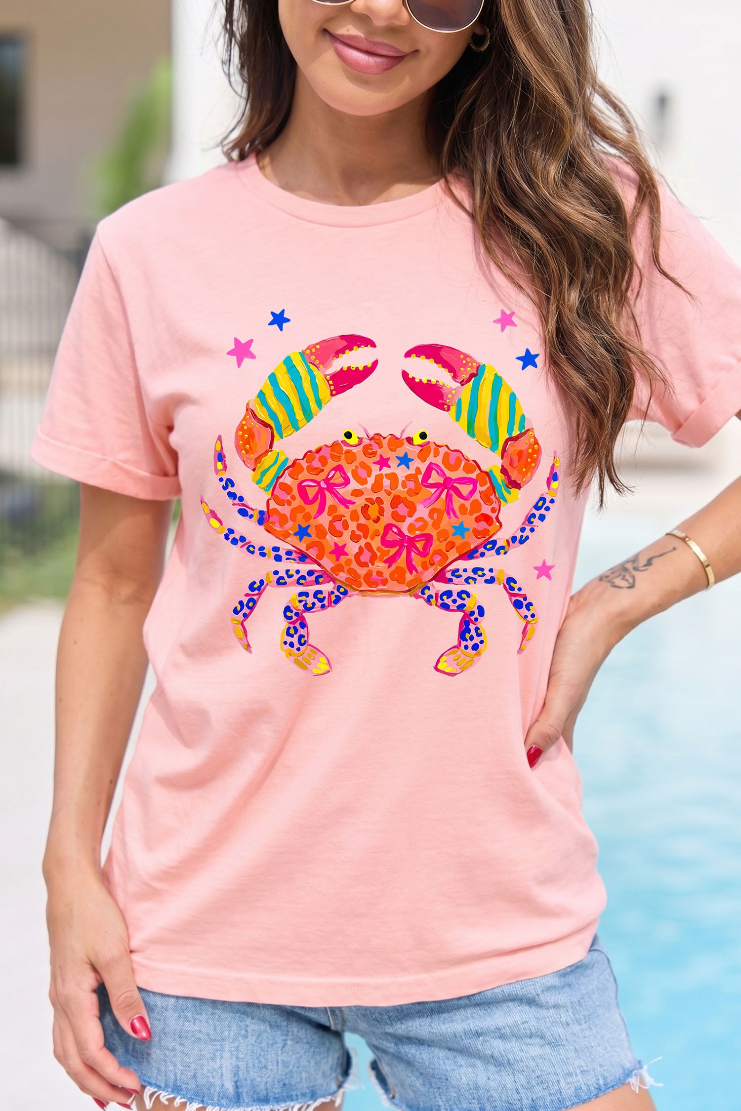 Crab Print Casual Round Neck T Shirt