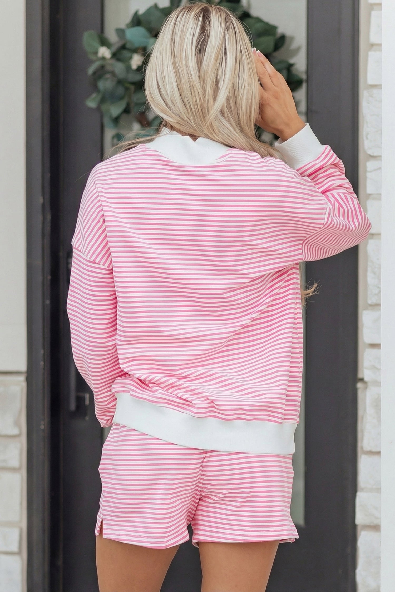 Stripe Oversize Mock Neck Sweatshirt and Shorts Set