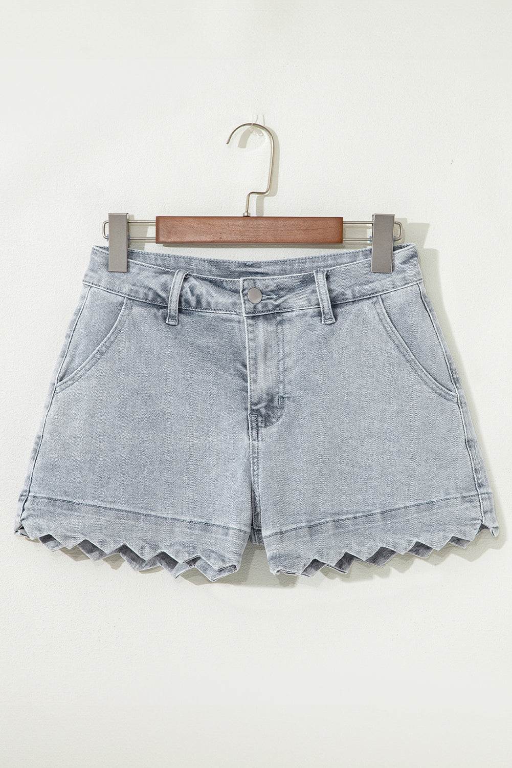 Scalloped Hemline Light Wash Denim Shorts
