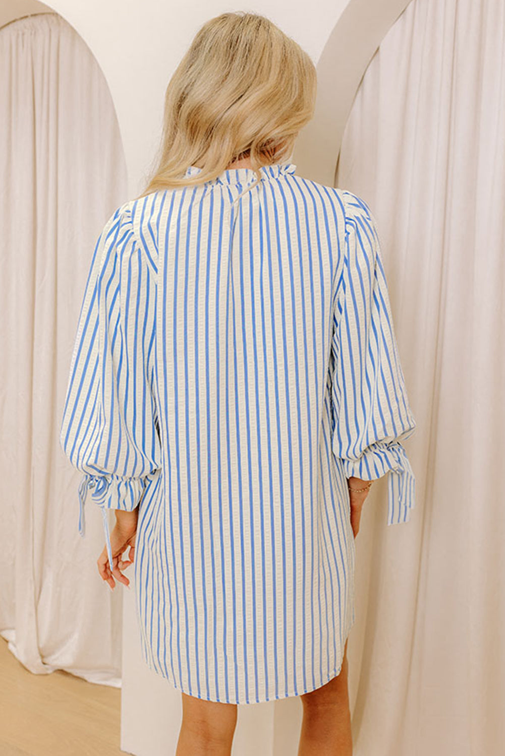 Striped Notched Neck Knot Cuffs Mini Dress