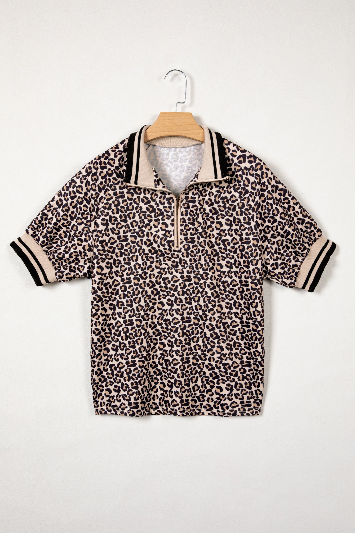 Leopard Print Half Zip Striped Trim Patchwork Short Sleeve Top