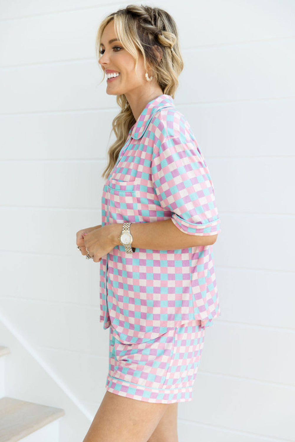 Checkered Short Sleeve Pajama Set
