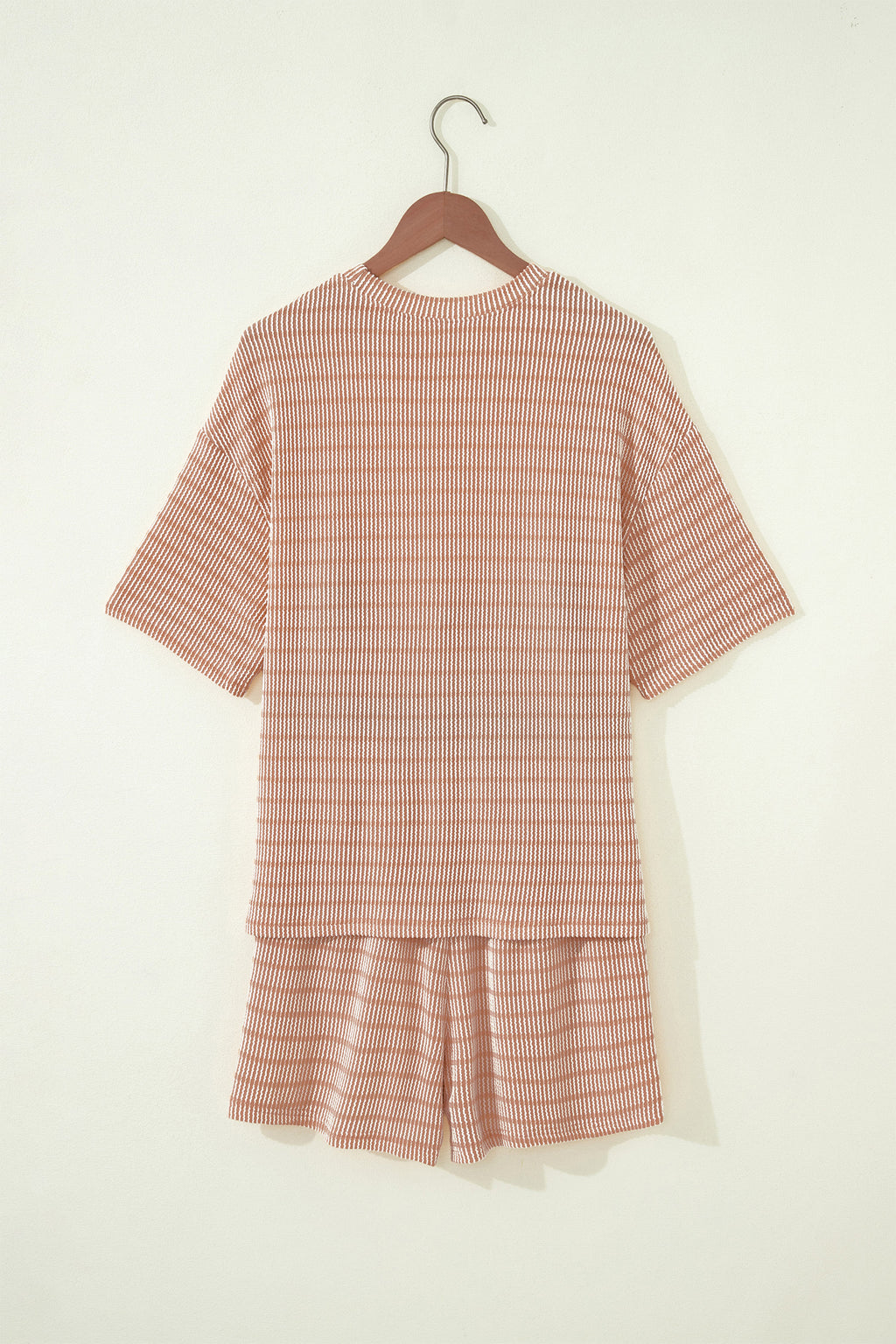 Sky Blue Stripe Raised Rib Loose Tee Drawstring Elastic Waist 2pcs Short Set