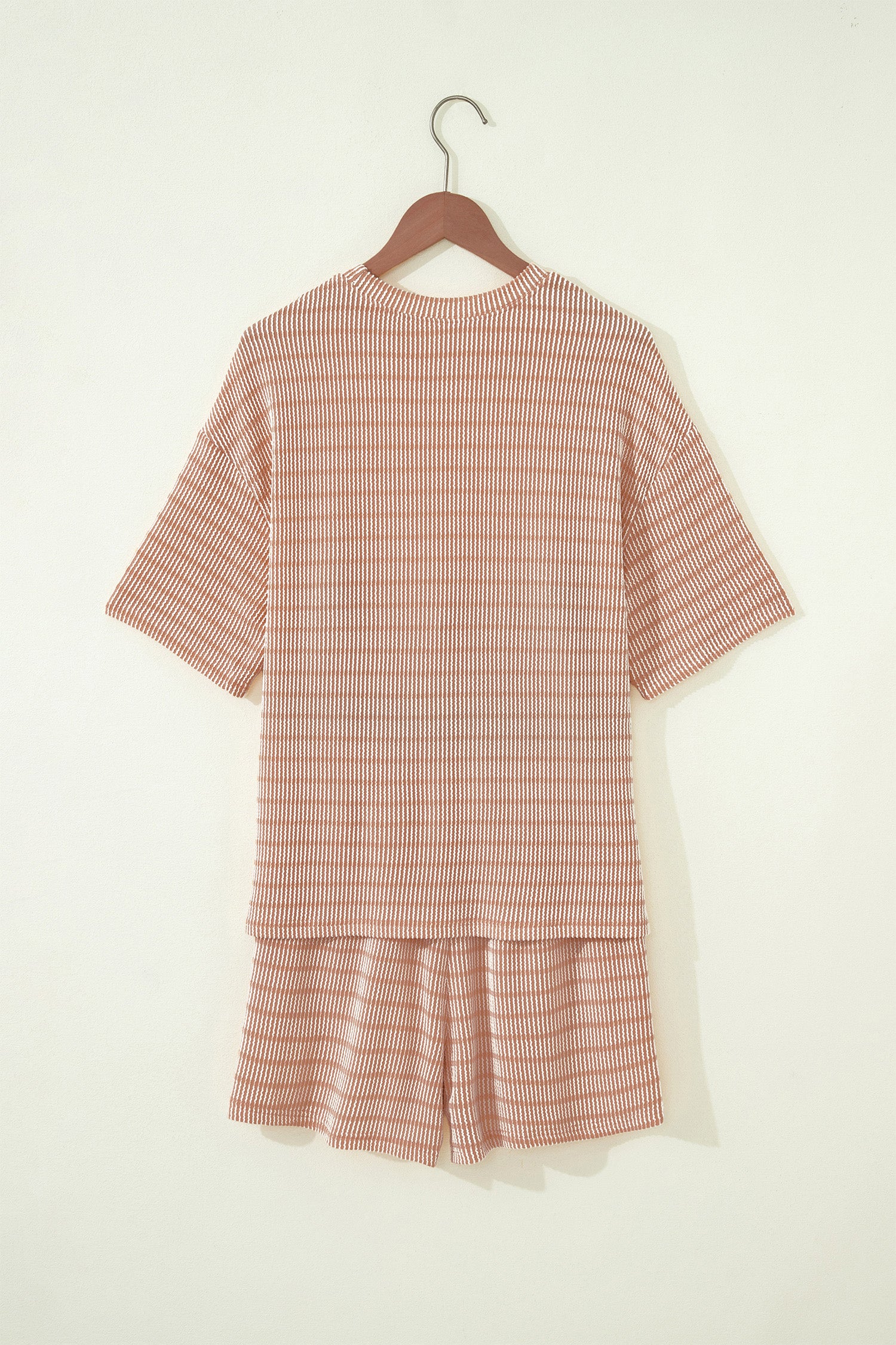 Sky Blue Stripe Raised Rib Loose Tee Drawstring Elastic Waist 2pcs Short Set