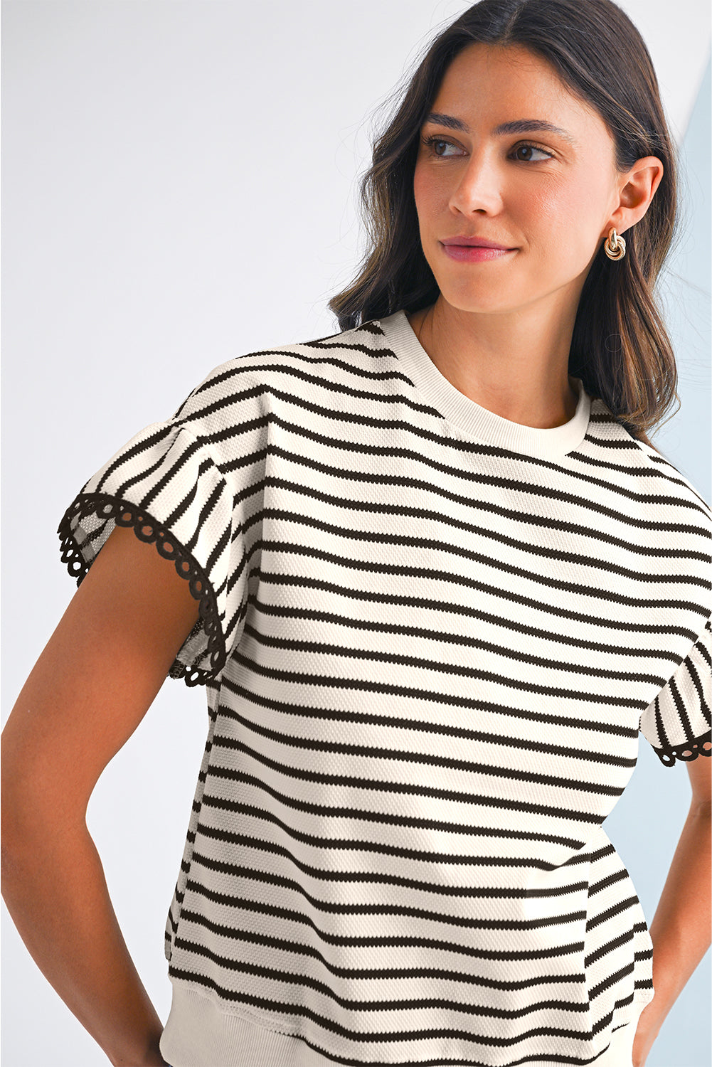 Black Stripe Scallop Ruffle Sleeves Top