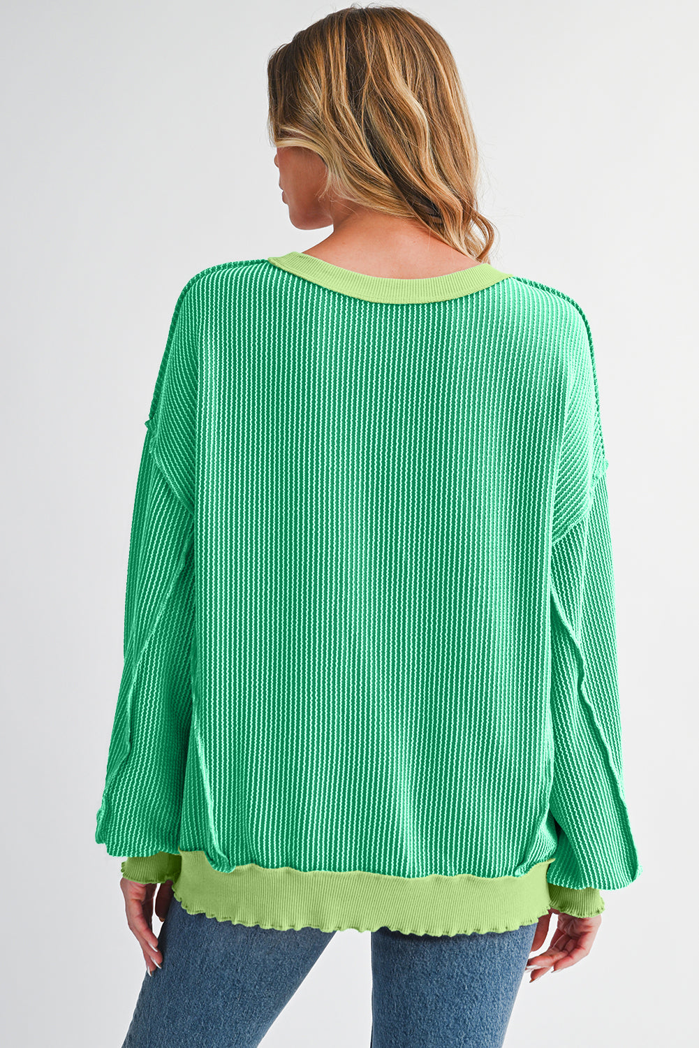 Strawberry Pink Twisted Ribbed Seamed Patchwork Long Sleeve Top