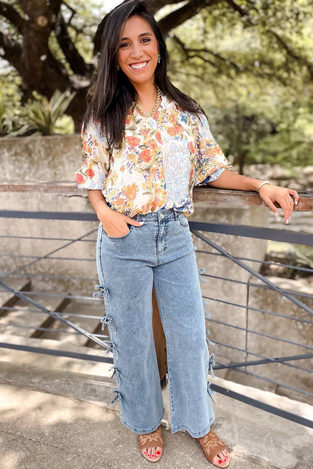 Bowknot Straight Leg Loose Jeans