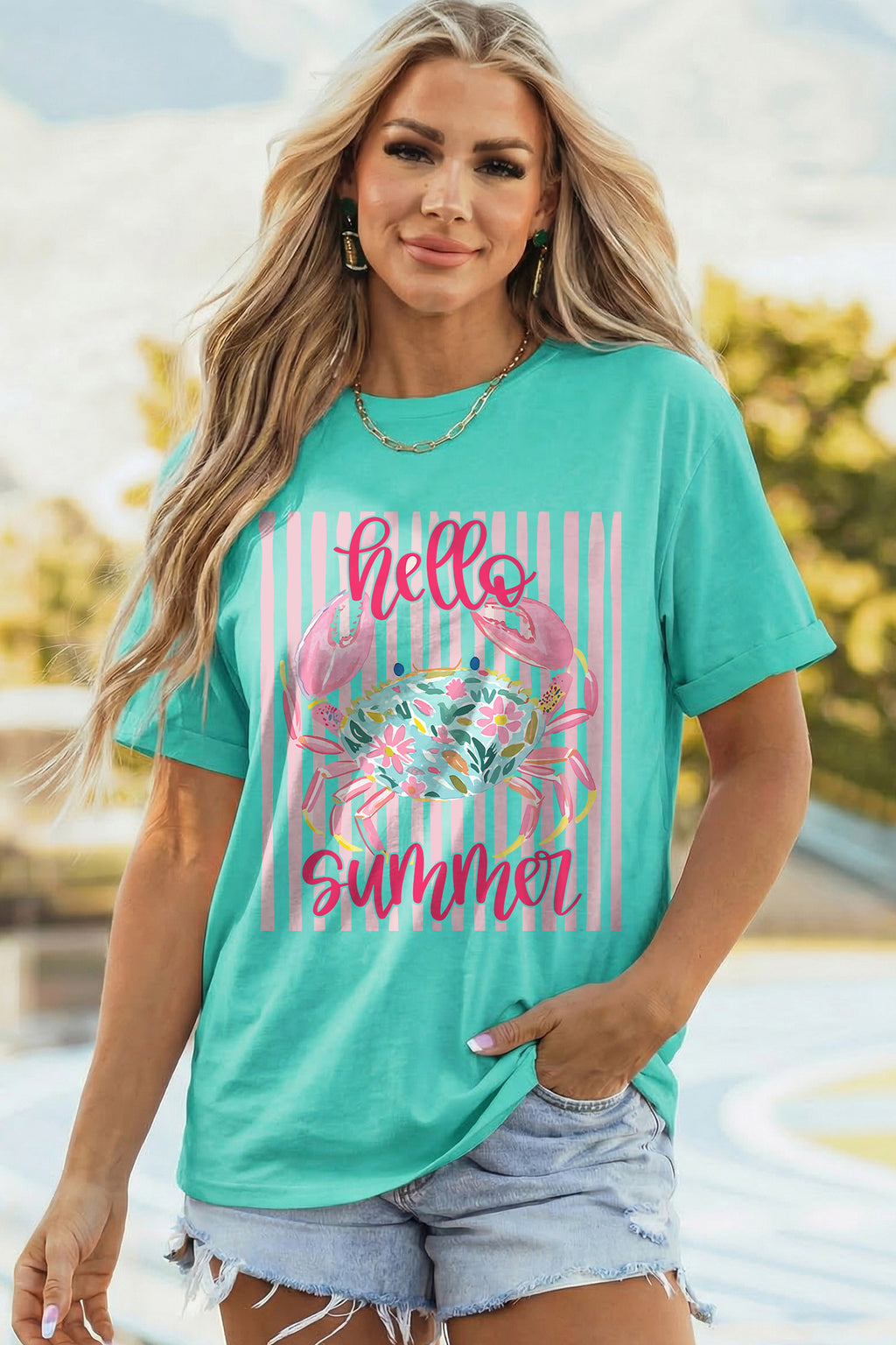 Hello Summer Crab Print Loose Fit Short Sleeve T-Shirt