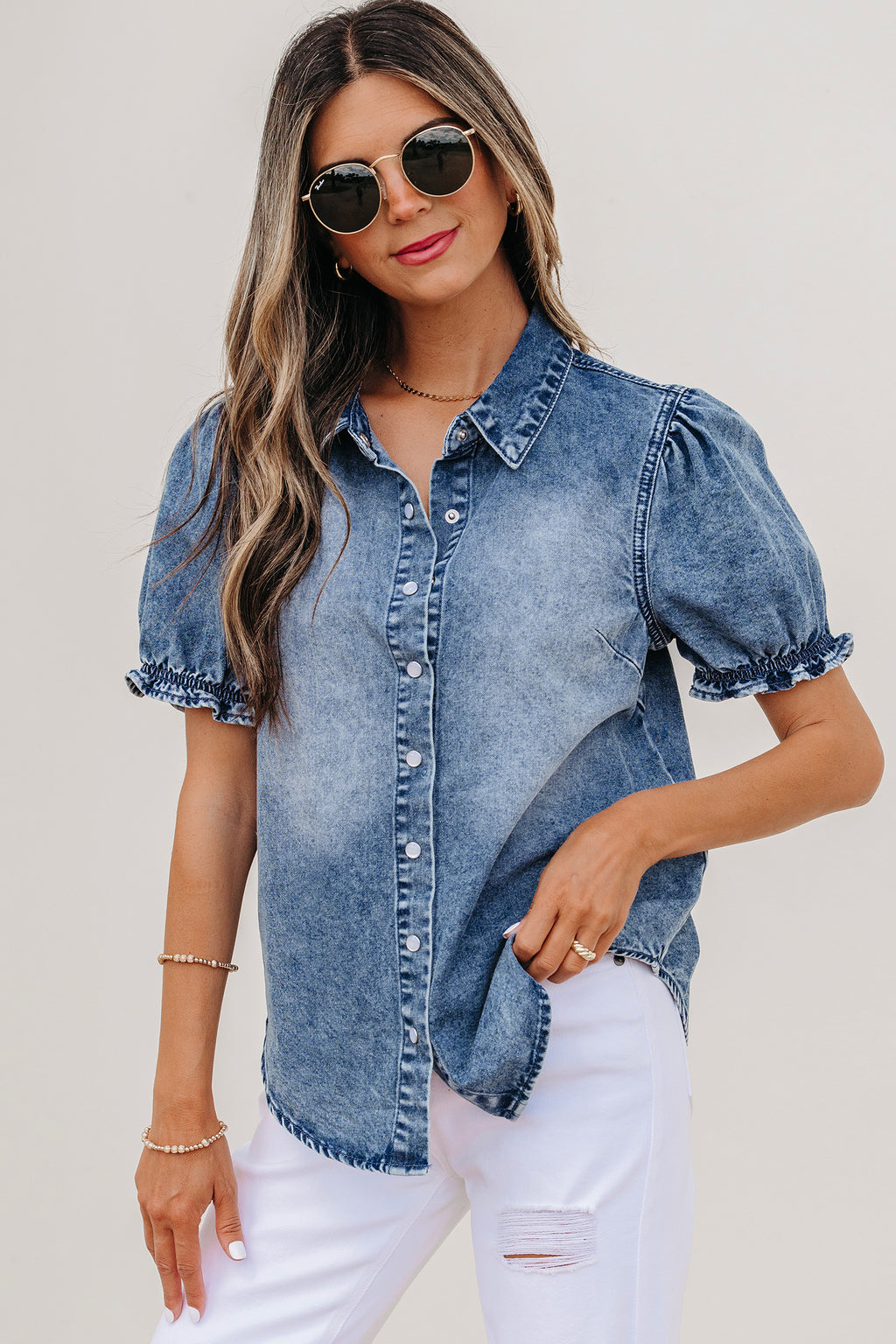 Frilled Short Sleeve Snap Button Denim Shirt