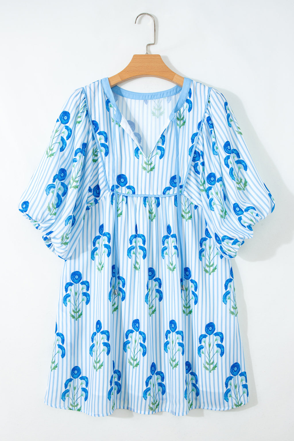 Floral Striped Print Tie Notched Neck Puff Sleeve Flared Mini Dress