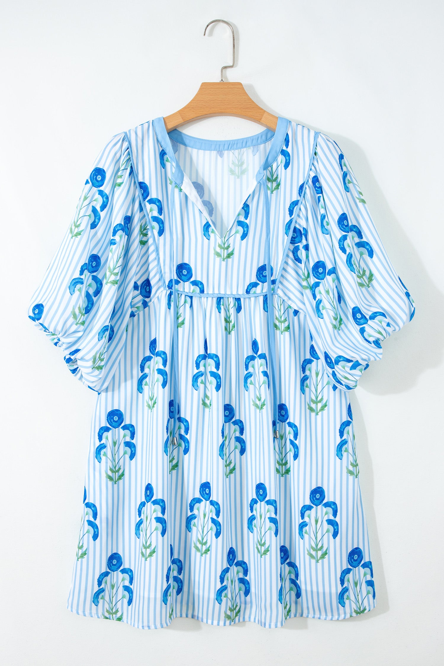 Floral Striped Print Tie Notched Neck Puff Sleeve Flared Mini Dress