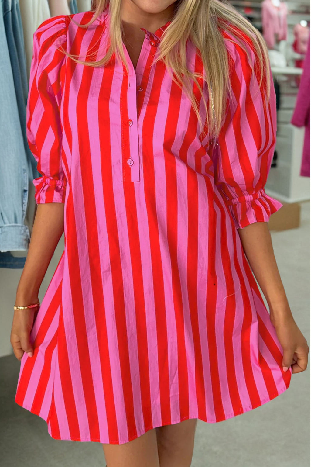 Half Button Puff Sleeve Mini Dress