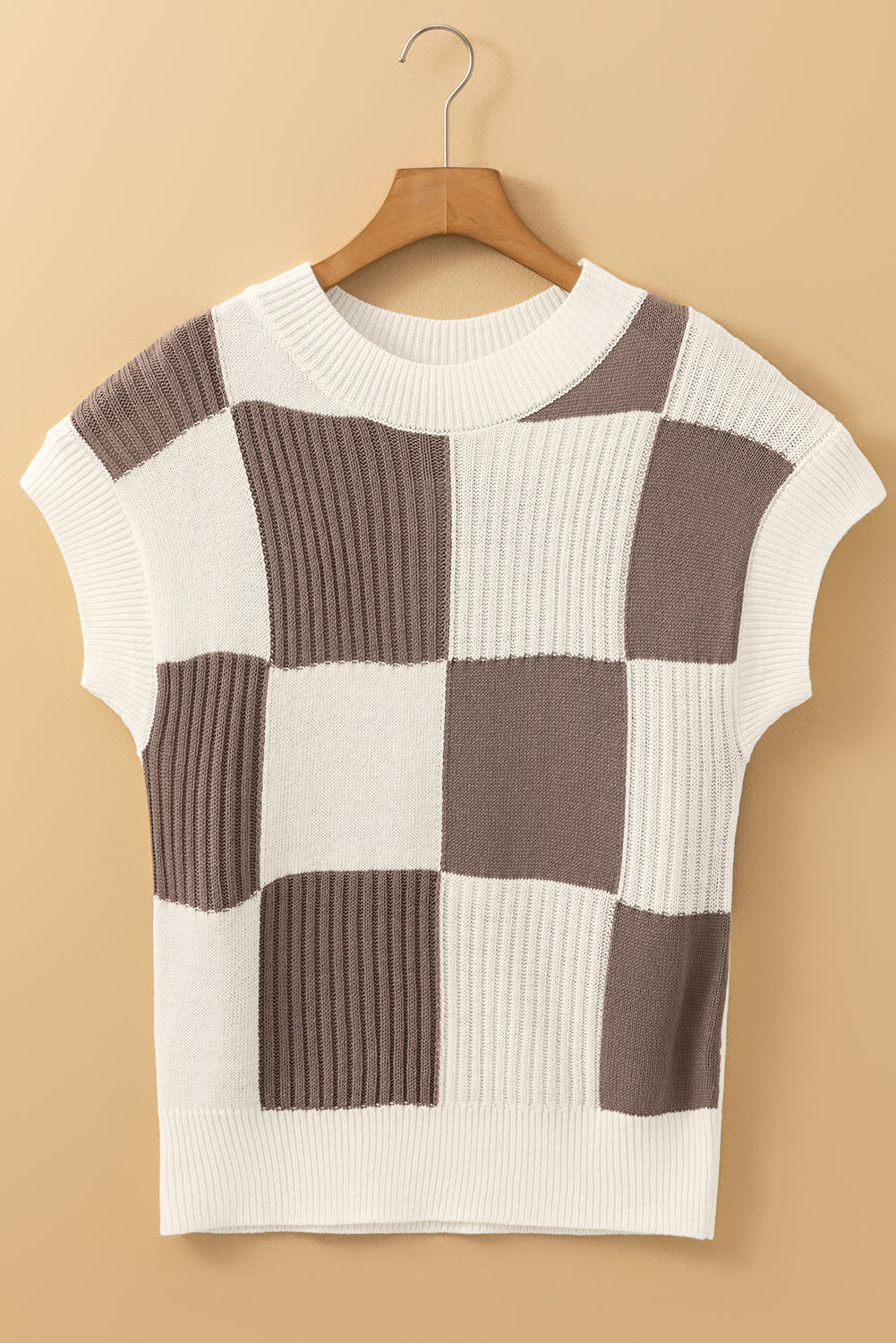 Checkered Crew Neck Short Sleeve Sweater