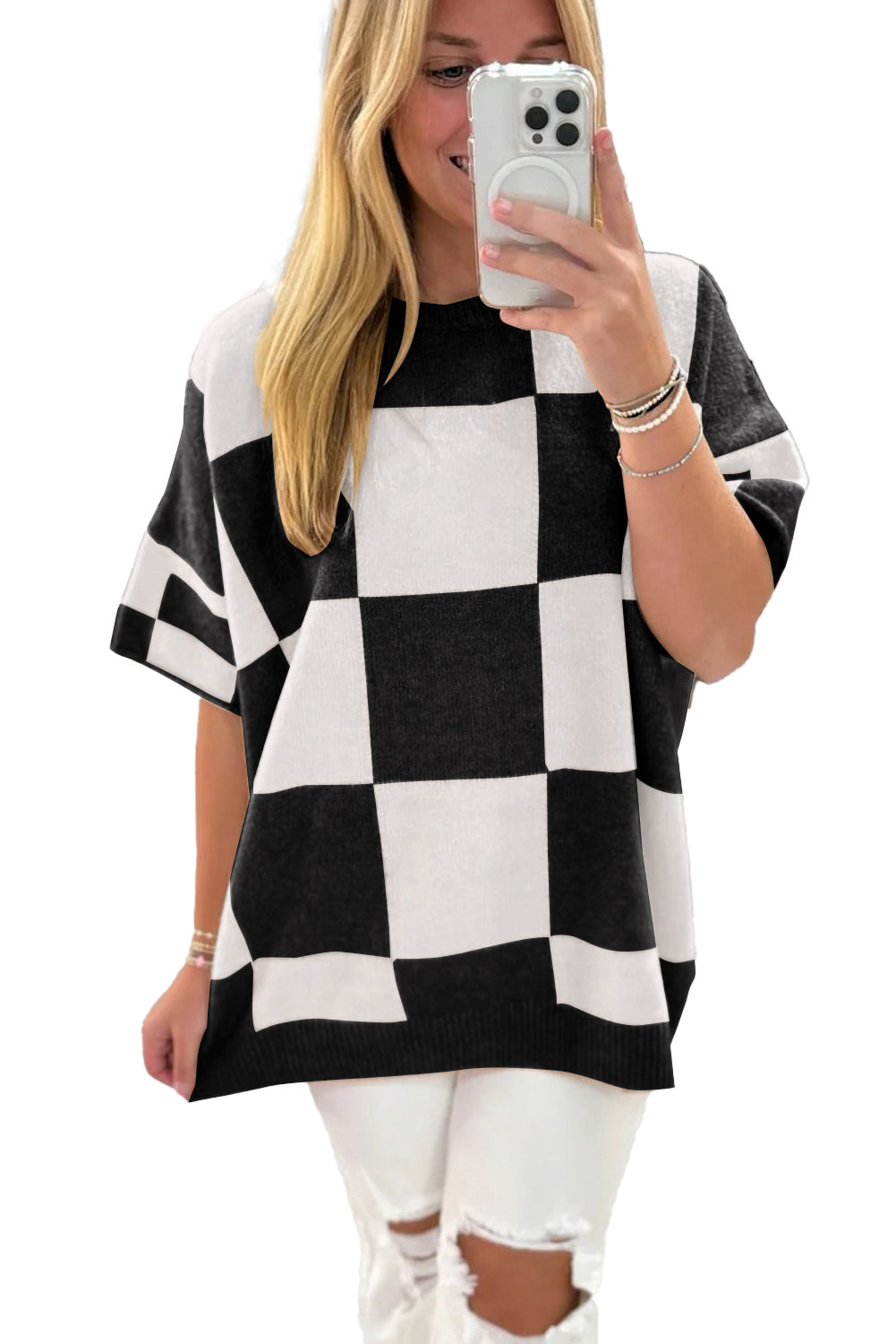 Checkered Pattern Loose Short Sleeve Sweater