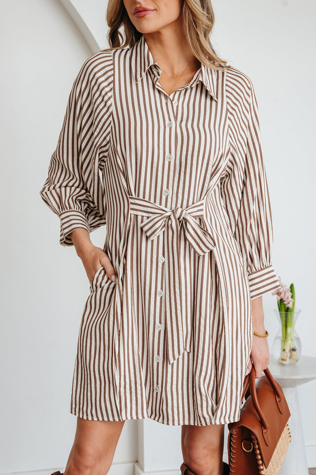 Knot Waist Puff Sleeve Button Down Mini Shirt Dress