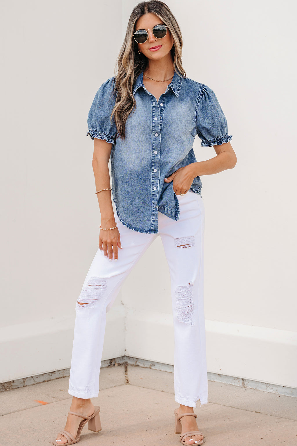 Frilled Short Sleeve Snap Button Denim Shirt