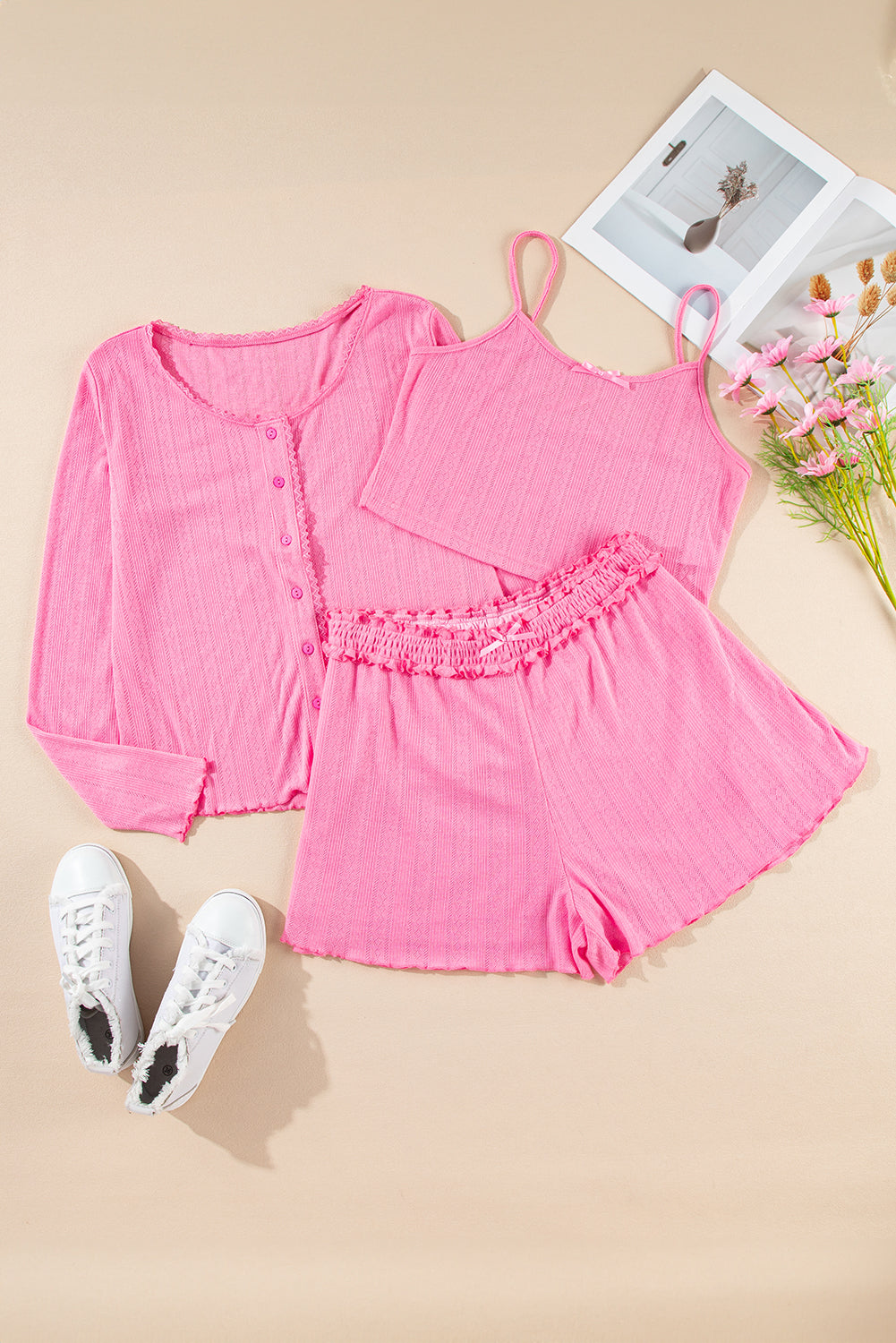 Cropped Bow Cami Shorts and Cardigan 3pcs Pajama Set
