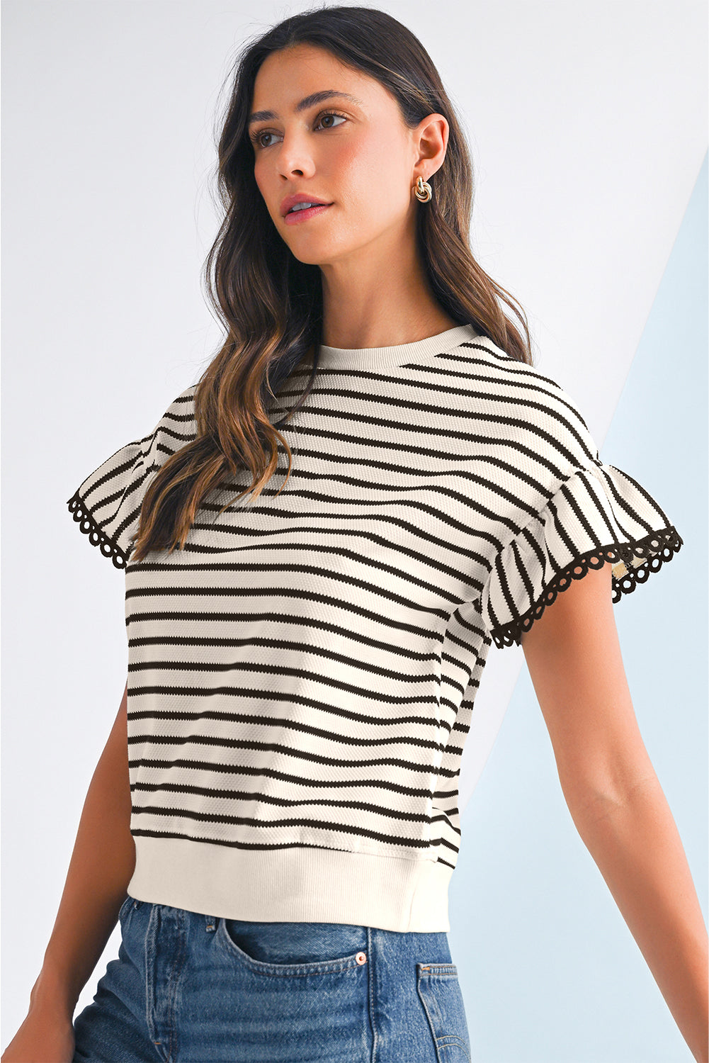 Black Stripe Scallop Ruffle Sleeves Top