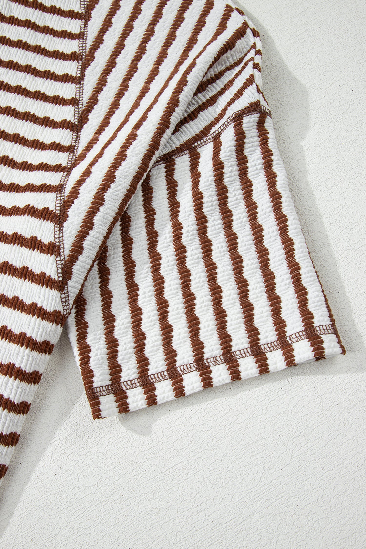 Apricot Stripe Textured Knit Split Hem Half Sleeve Loose Top