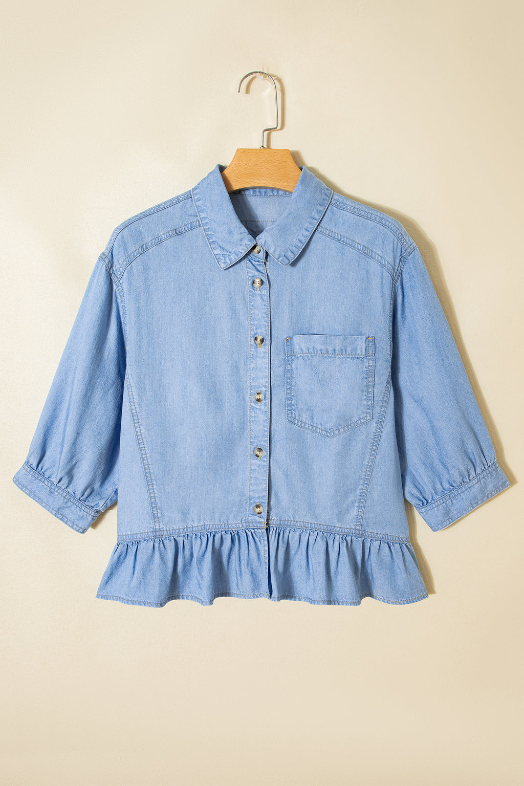 Half Sleeve Button Down Ruffled Chambray Shirt