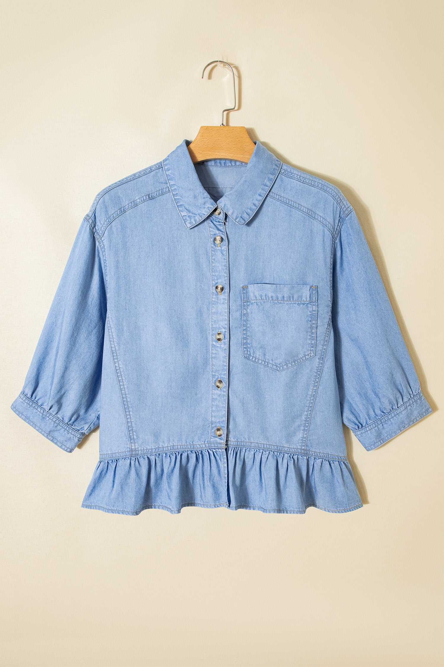 Half Sleeve Button Down Ruffled Chambray Shirt