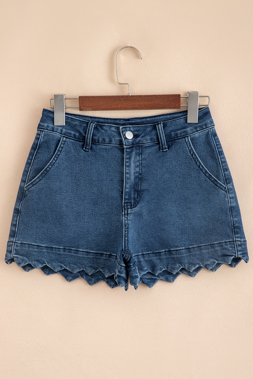 Scalloped Hemline Light Wash Denim Shorts