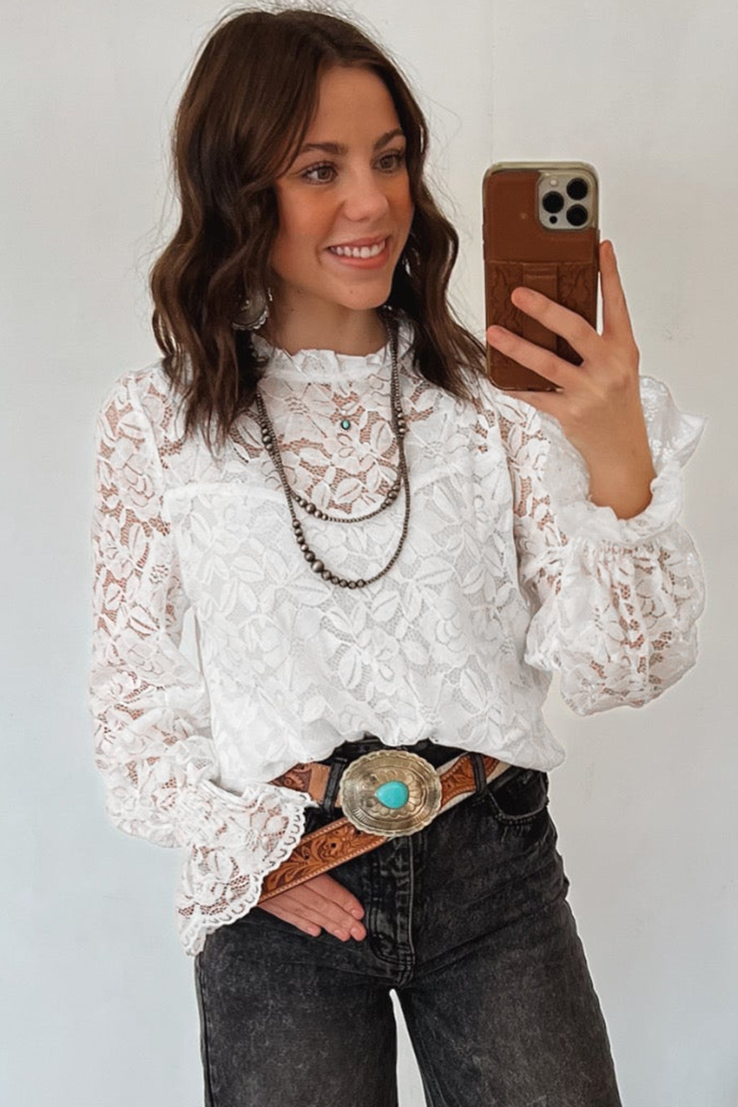 White Ruffled Long Sleeve Sheer Lace Top
