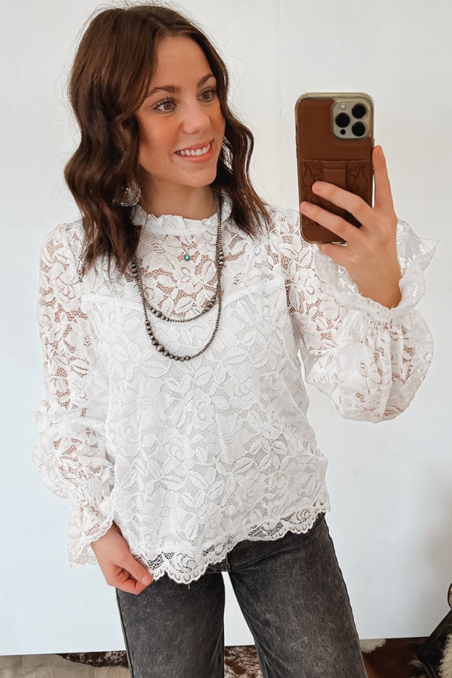 White Ruffled Long Sleeve Sheer Lace Top