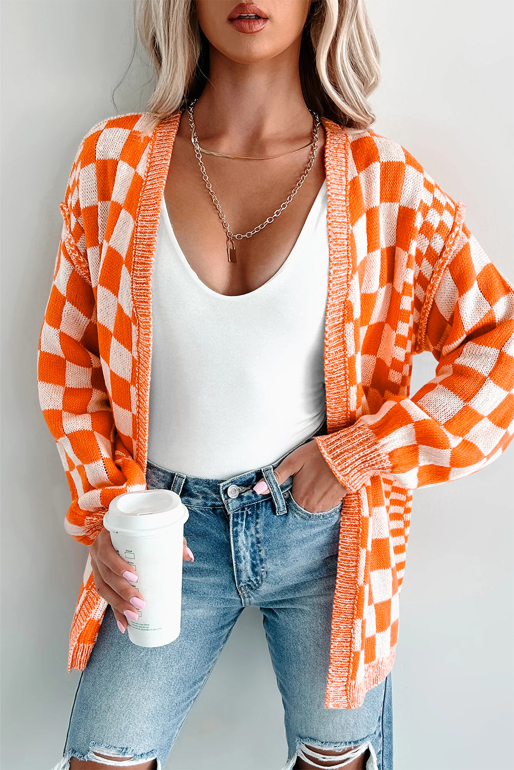 Checkered Open Front Drop Shoulder Cardigan
