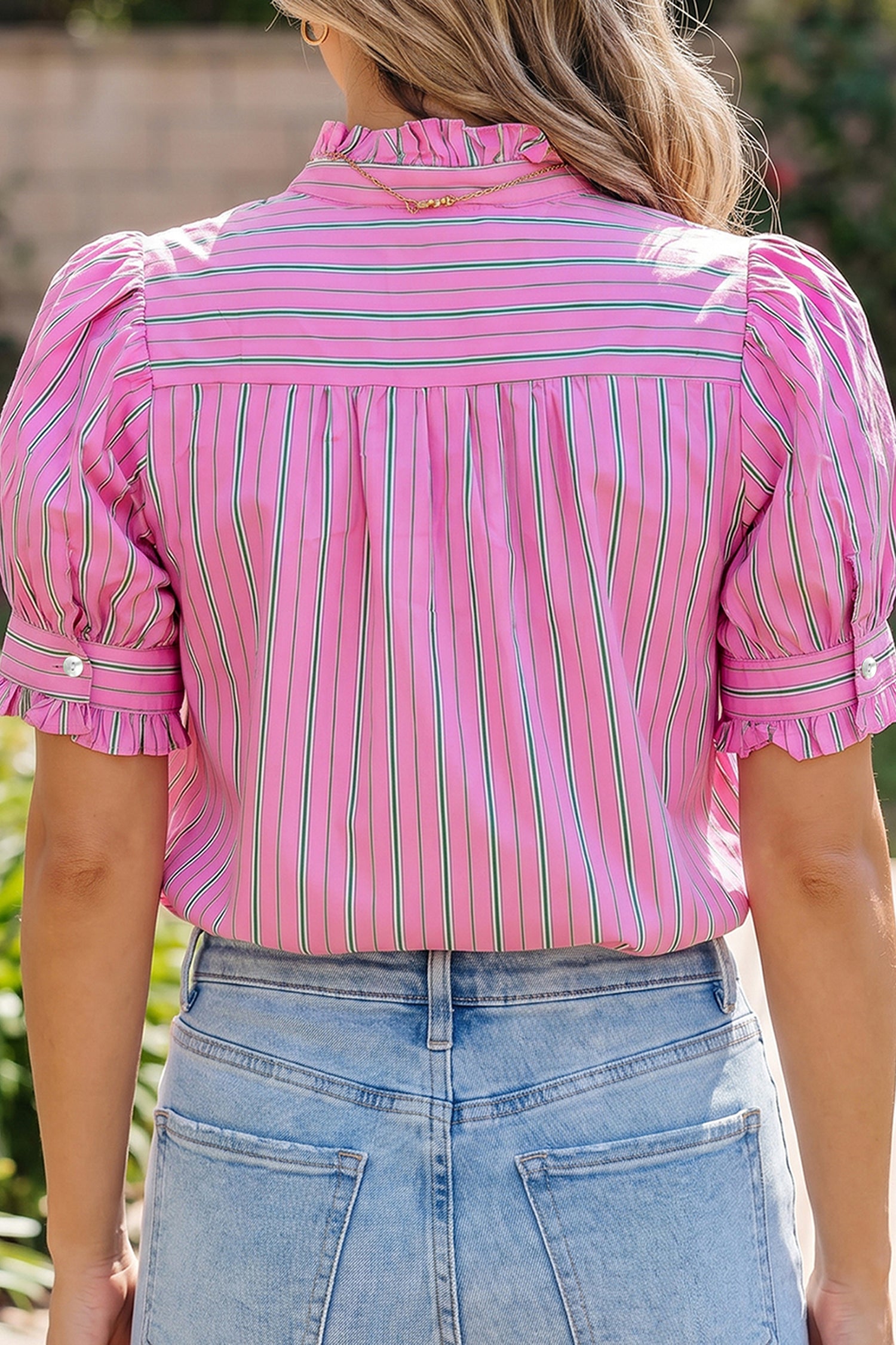 Ruffle Trim Half Button Short Sleeve Top