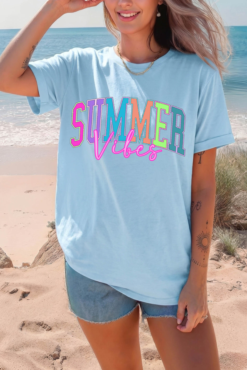 SUMMER Vibes Letter Print Round Neck Casual T-Shirt