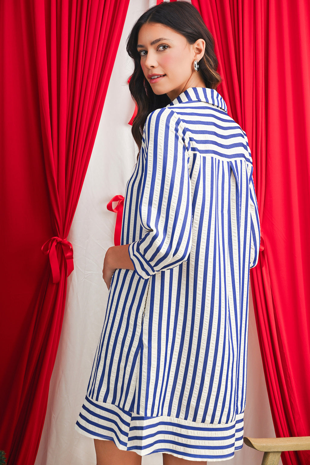 Half Button Side Pockets Loose Fit Mini Dress