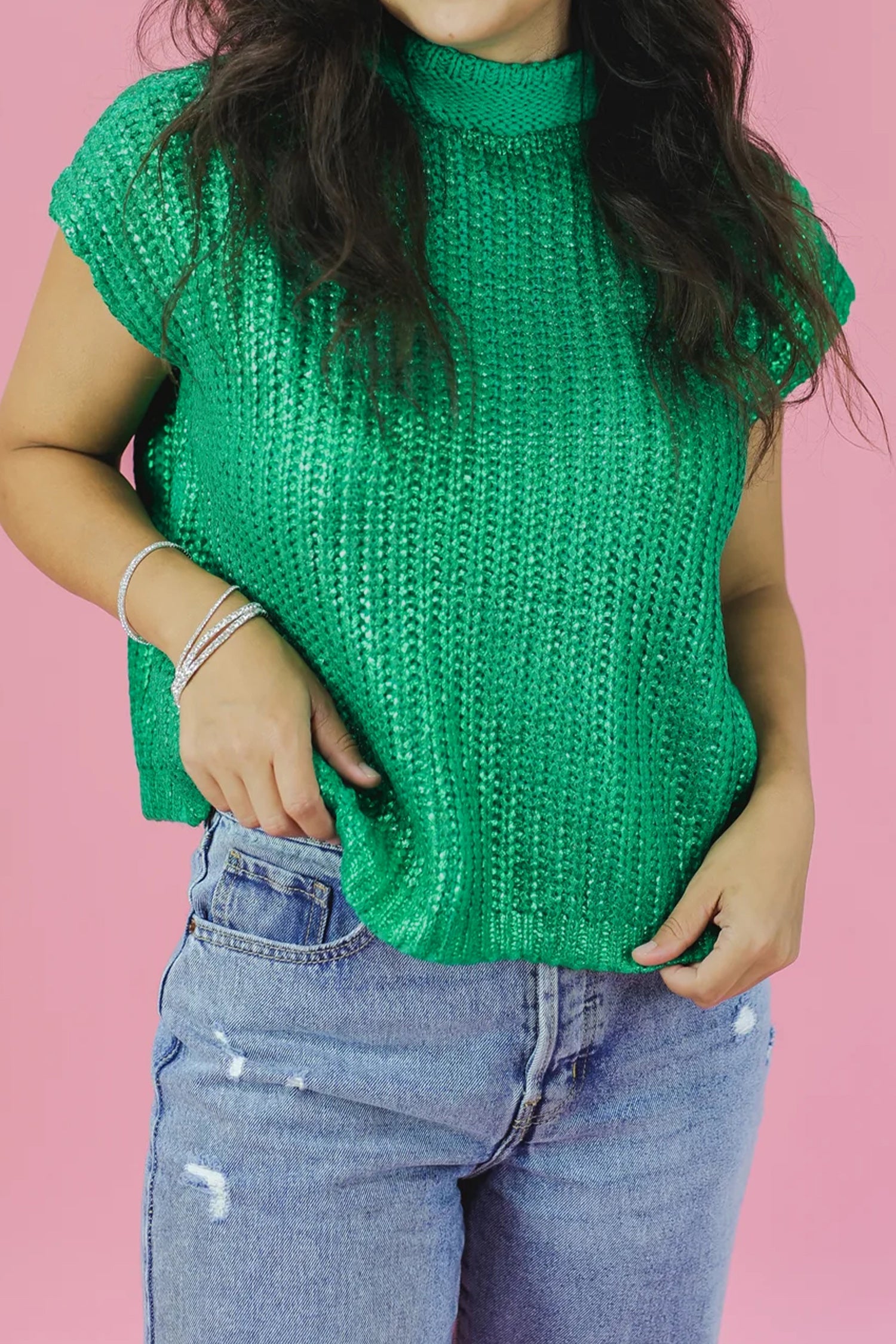 Wisteria Solid Color Knit High Neck Short Sleeve Sweater