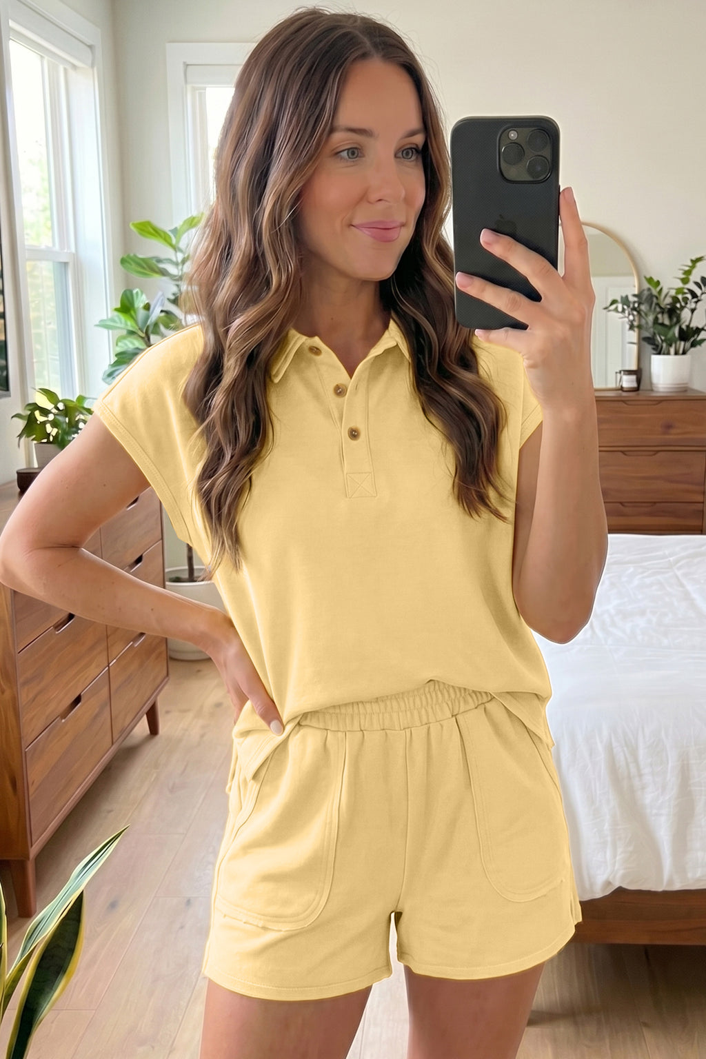 Light Green Loose Polo Tee Elastic Waist 2pcs Short Set
