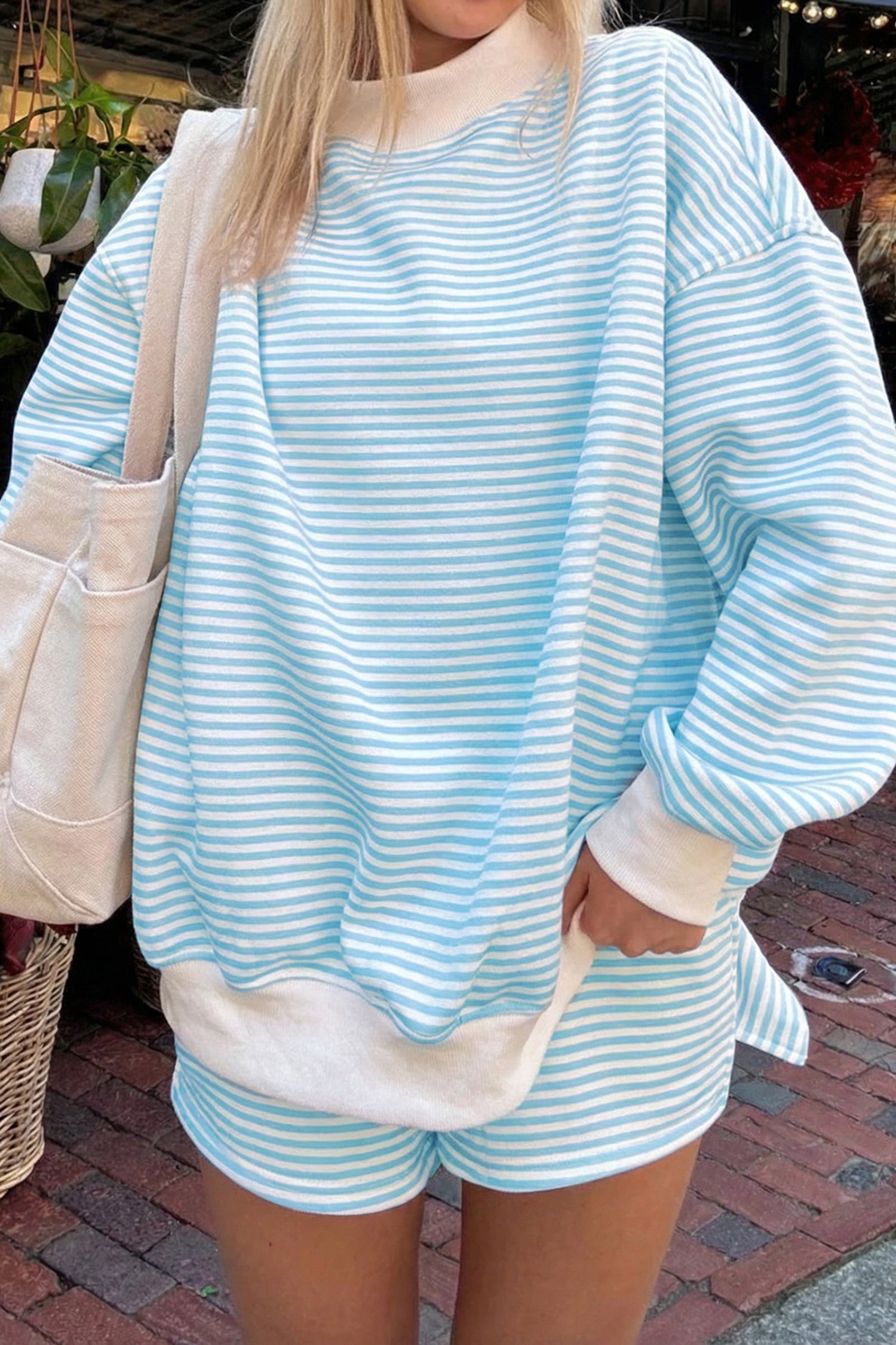 Stripe Oversize Mock Neck Sweatshirt and Shorts Set