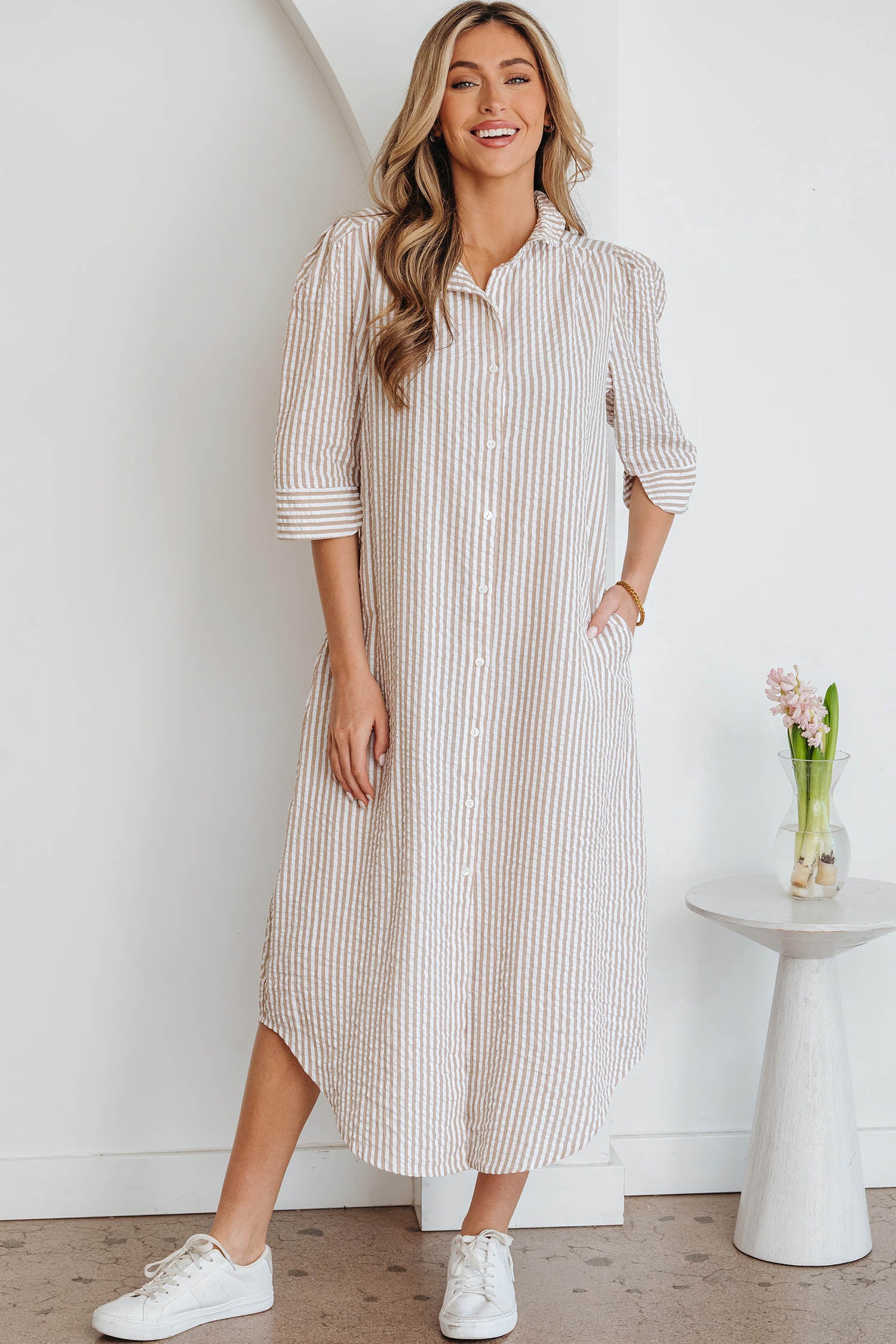 Stripe Frilled Collar Half Sleeve Shirt Maxi Dress