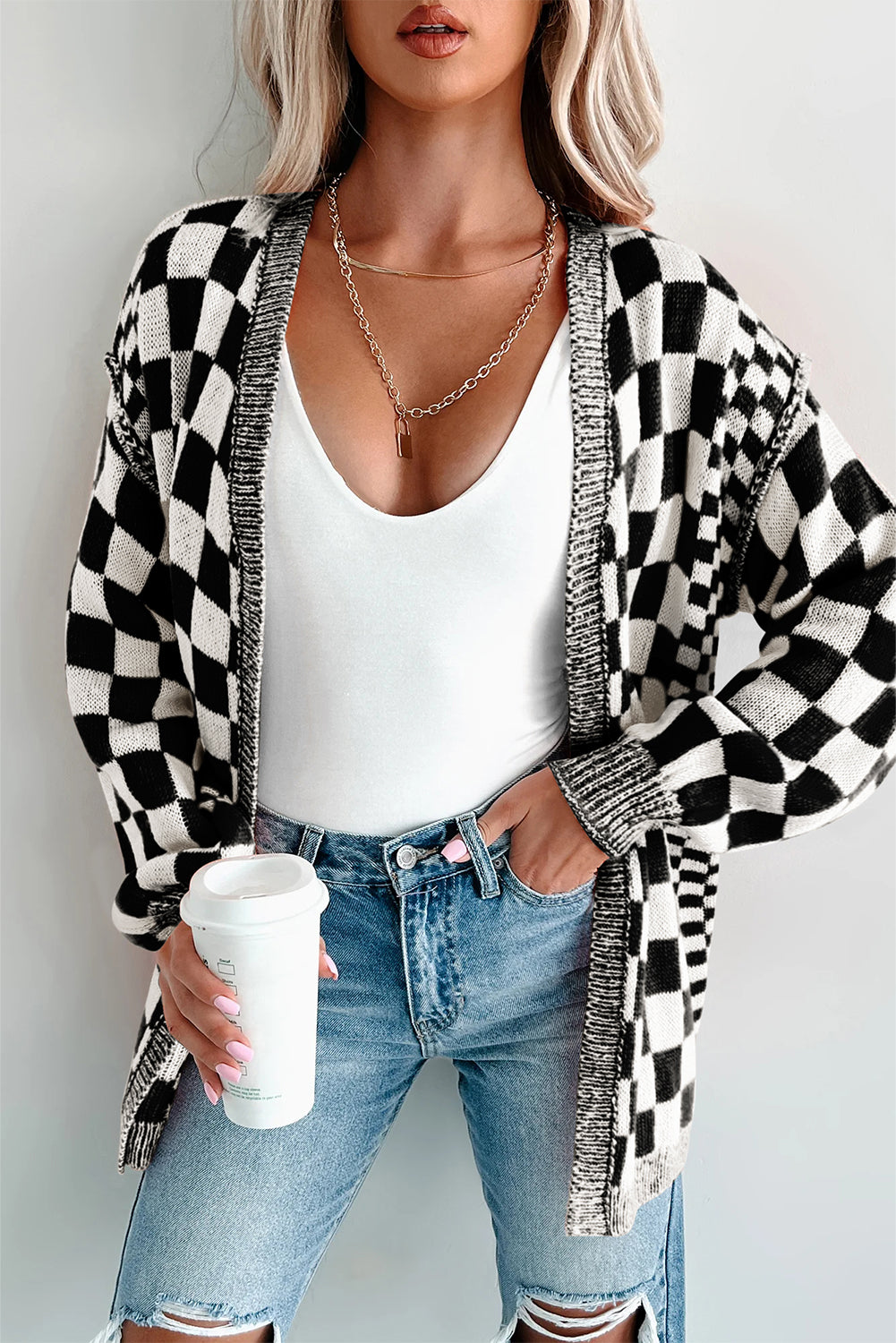 Checkered Open Front Drop Shoulder Cardigan