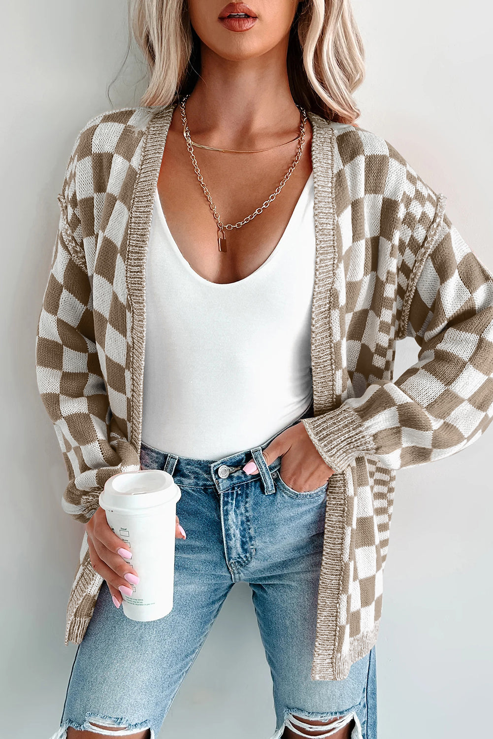 Checkered Open Front Drop Shoulder Cardigan