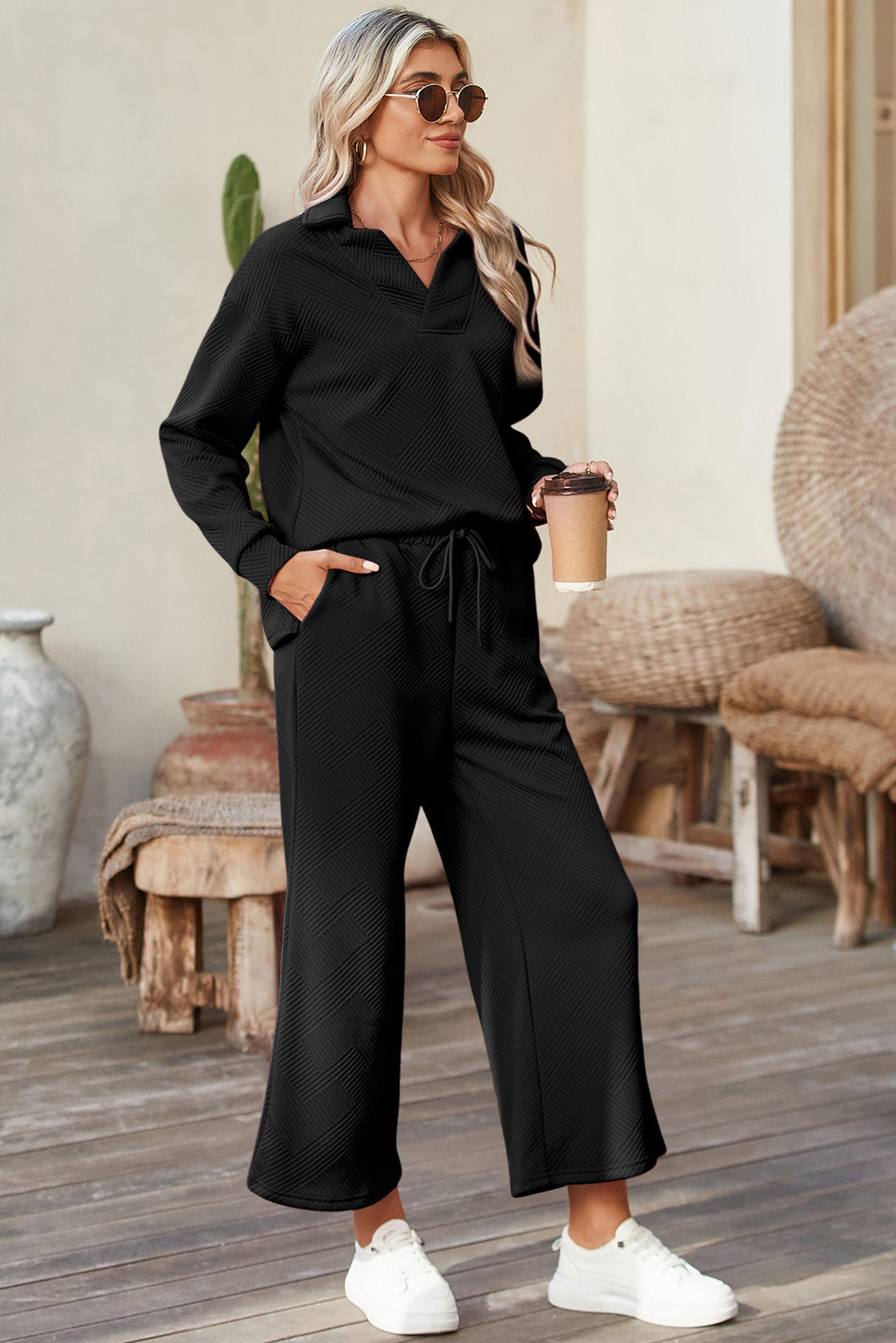 Textured Collared Pants Set