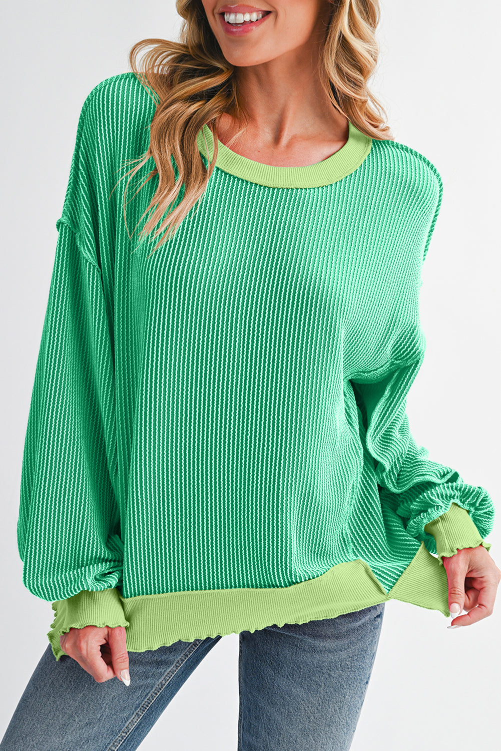 Strawberry Pink Twisted Ribbed Seamed Patchwork Long Sleeve Top